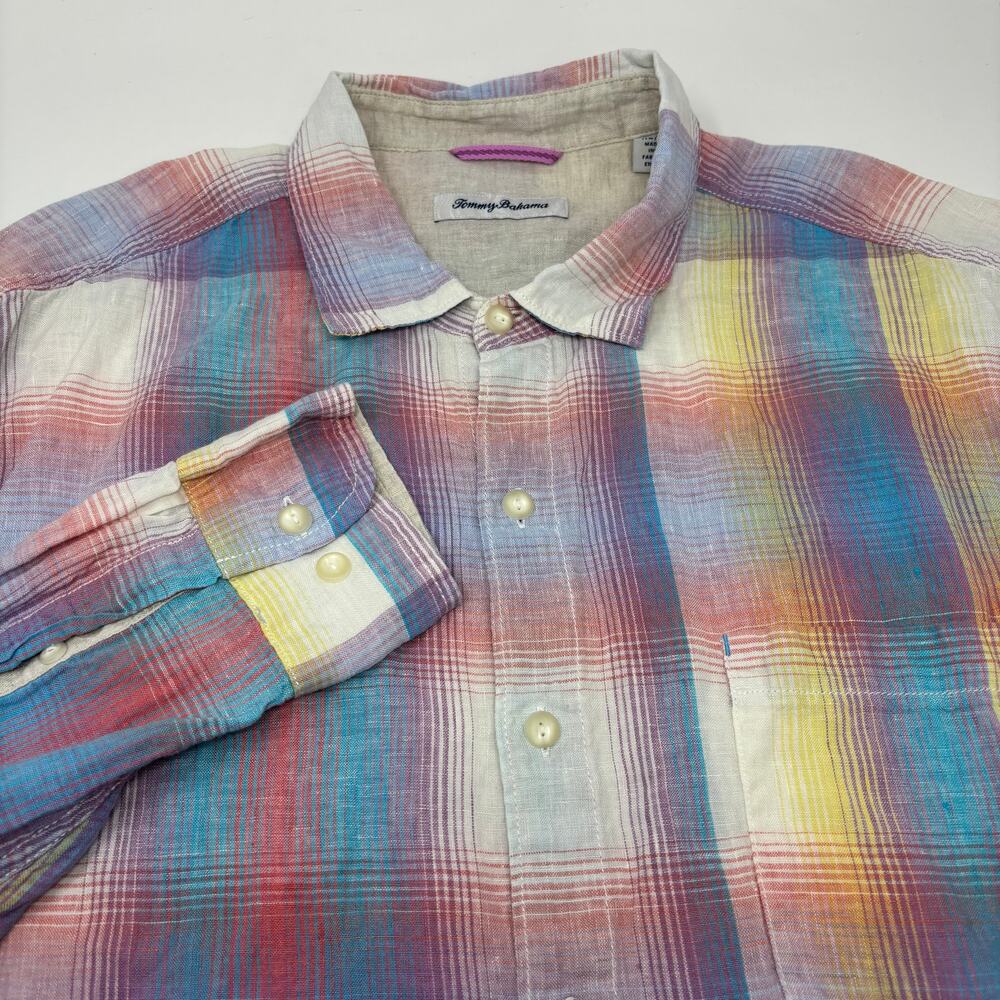 Tommy Bahama XL Purple Pink Plaid 100%‎ Linen Long Sleeve Button Up Shirt